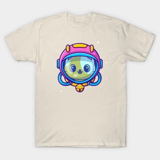 Cute Astronaut Cat Wearing Helmet Cartoon T-Shirt